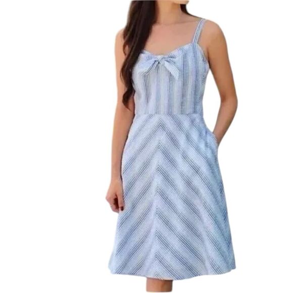 DRAPER JAMES SeerSucker Blue & White Bow Dress Size 10 - Picture 1 of 9